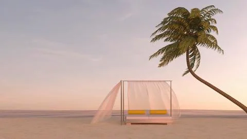 Palm tree and canopy bed on the beach at dusk, 3D rendering Stock Illustration