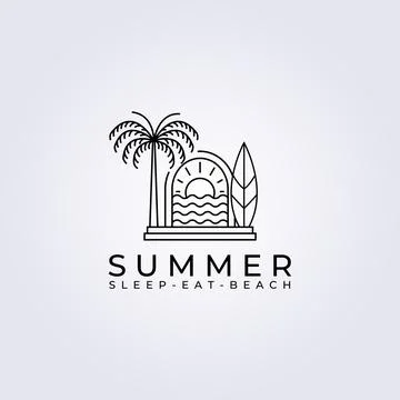 Palm tree and surf on ocean logo vector line art badge illustration design gr Illustrazione stock