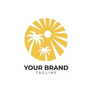 Palm tree beach and sun logo illustration template Stock Illustration