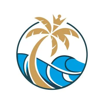 A palm tree is on a beach and the sun is setting Beach Logo Design Vector 스톡 일러스트