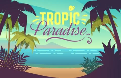 Palm tree beach. Ocean sunset with sand coast beach waves and palm trees Stock Illustration