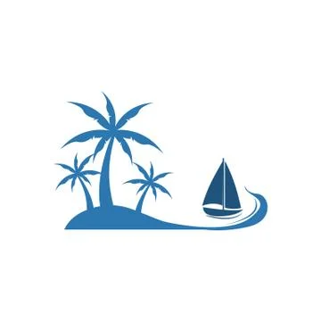 Palm Tree Beach View Boat Illustration Design Stock Illustration