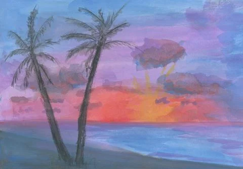 Palm tree on a beach while the sun disappears in the sea Stock Illustration
