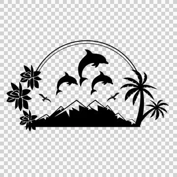 Palm Tree Black Silhouette Dolphins Leaping Near Mountains Stock Illustration