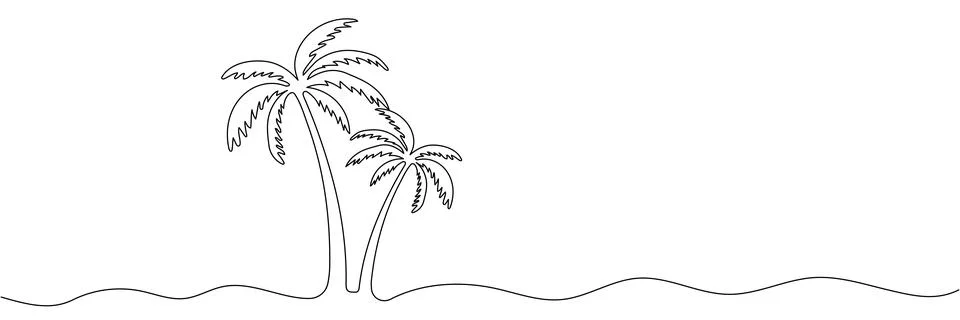 Palm tree continuous line. Hand drawn palm. Tropical landscape in minimalist  Stock Illustration