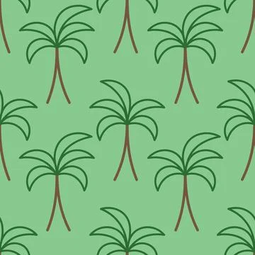 Palm tree.  Continuous vector pattern. Green background. Cartoon style. Stock Illustration