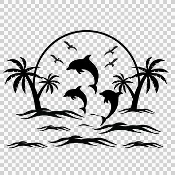 Palm Tree Dolphin Island Sunset Silhouette Dolphins and Illustration
