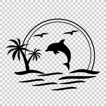 Palm Tree Dolphin Jumping By Tropical Trees birds sun ocean Stock Illustration