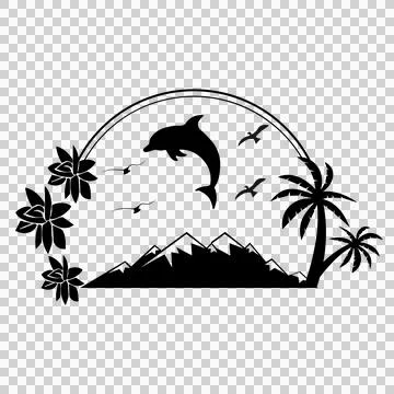 Palm Tree Dolphin Leaping Before Mountain Landscape Scene Stock Illustration
