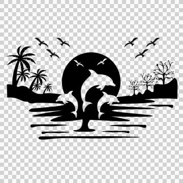 Palm Tree Dolphins Jumping At Sunset Over Water sun bird Illustration