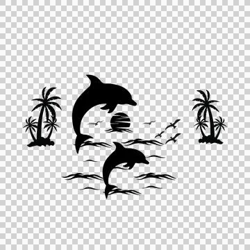 Palm Tree Dolphins Leaping Before Sunset And Palms trees sun Stock Illustration