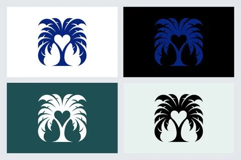 Palm Tree Heart Logo Design Set Stock Illustration