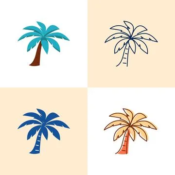 Palm tree icon set in flat and line style Stock Illustration