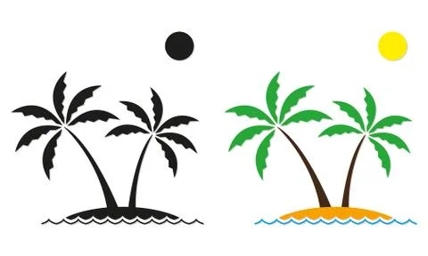 Palm tree icon set. Vector palm trees on the island. Landscape template. Stock Illustration