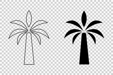 Palm tree icons set, black silhouette and outline vector illustration . Stock Illustration
