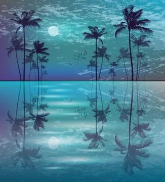 Palm tree landscape in moonlight Stock Illustration