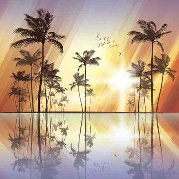 Palm tree landscape at tropical sunset Stock Illustration