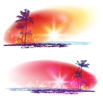 Palm tree landscape at tropical sunset Stock Illustration