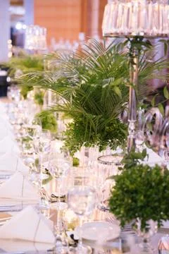 Palm tree leaf wedding table. Candles, napkins and mirrored tables. Stock Photos