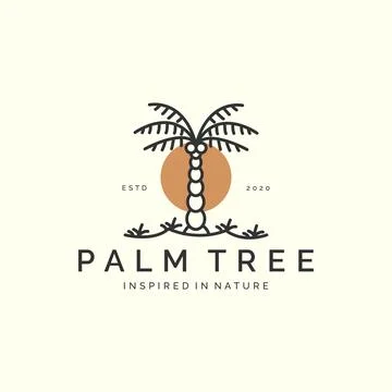 Palm tree with linear style logo icon template design. sun, coconut tree vect Stock Illustration