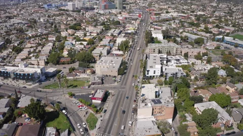 Palm tree lined Sunset Boulevard via Aerial in Silver Lake Vídeos de archivo 133684463