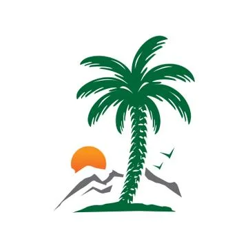 Palm tree with mountain and sun Stock Illustration