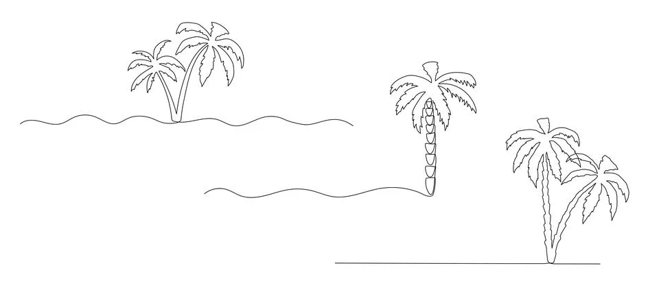 Palm tree one line illustrations set. Hand drawn summer doodle vector sketch Stock Illustration