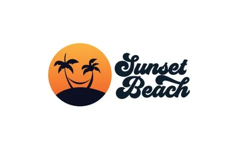 Palm tree or coconut tree with sea sunset circle logo design Stock Illustration