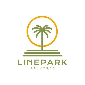 Palm tree or coconut tree with sunset circle modern minimal line style art .. Иллюстрация