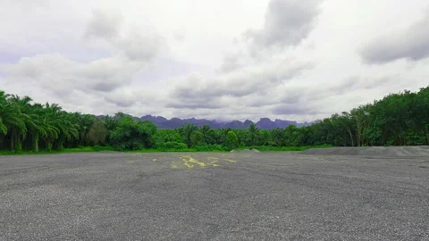 Palm tree rain-forest n mountain range with stone quarry Stock Footage 158081404