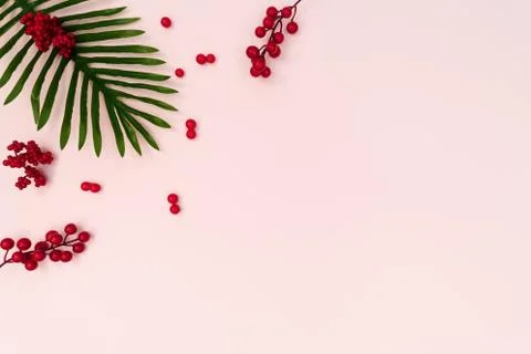 Palm tree with red cherry on pink background. Flat lay, top view Stock Photos