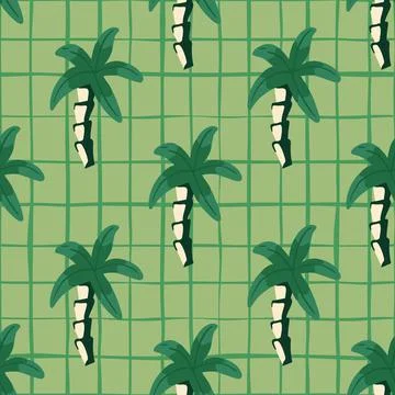 Palm tree seamless pattern on lines background. Geometric tropical wallpaper. 스톡 일러스트