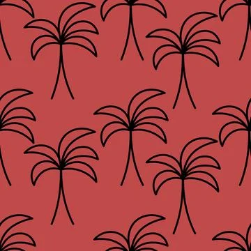 Palm tree. Seamless vector pattern. Red background. Doodle style. Stock Illustration