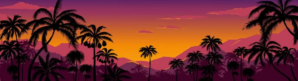 Palm tree silhouette background. California sunset landscape with exotic plants Stock Illustration