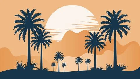 Palm tree silhouettes on sunset background. Vector illustration for your desi Stock Illustration