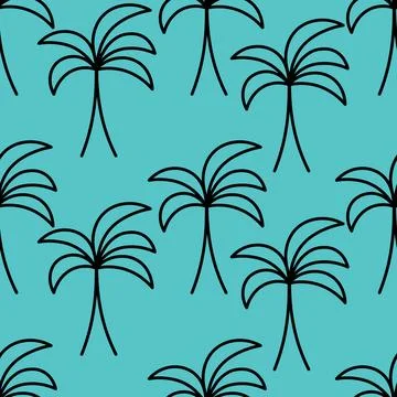 Palm tree. Sketch. Seamless vector pattern. Turquoise background. 스톡 일러스트