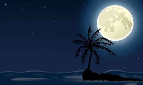 Palm tree on small isle against night sky and moon Stock Illustration