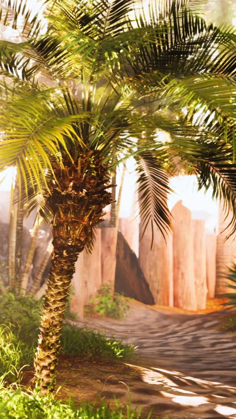 Palm tree stands in a garden with sunlight filtering through foliage Stock Footage 343187331