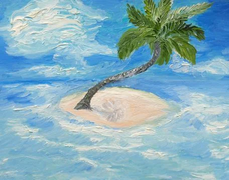 Palm tree on a tiny island in the ocean, sea, waves landscape. Stock Illustration