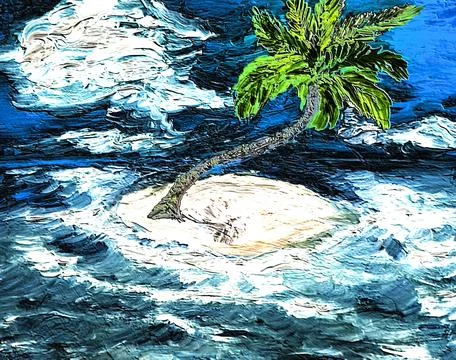 Palm tree on a tiny island in the ocean, sea, waves landscape. Stock Illustration