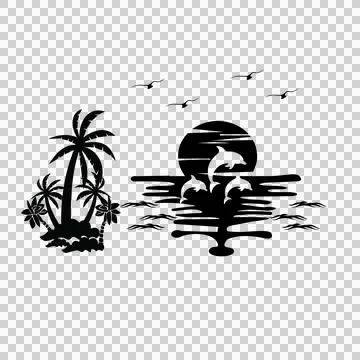 Palm Tree Trees And Jumping Dolphins Sunset landscape scene Stock Illustration