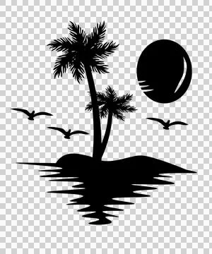 Palm Tree Trees And Sun Silhouette birds reflection black Stock Illustration