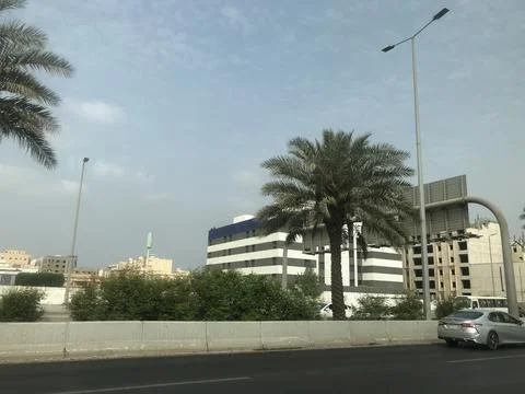 The Palm tree view on the highway Stock Photos