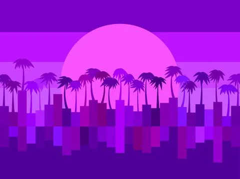 Palm tree, virtual reality landscape. Retro futuristic 80s background Stock Illustration