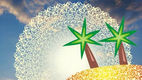 Palm trees against the background of a rotating mandala sun and blue sky. Stock Footage 105176392