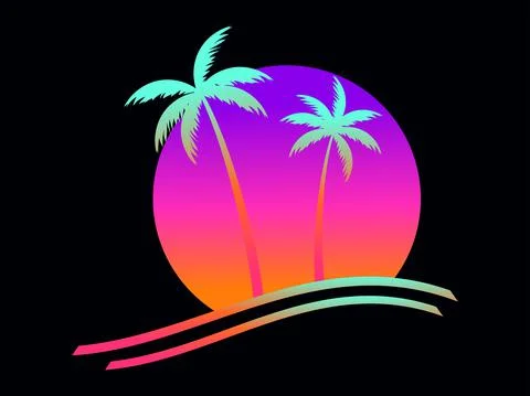 Palm trees against a gradient sun in the style of the 80s. Synthwave and retr Stock Illustration