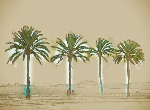 Palm trees along the coast in Palma de Mallorca Stock Illustration