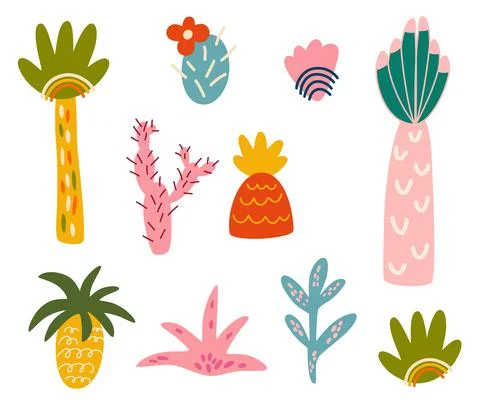 Palm trees and cacti set. Tropical plants. Modern abstract design in cartoon  Stock Illustration