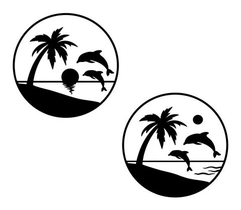 Palm trees and dolphin round icons. Sunset Sea in circle emblem. Vector Illustrazione stock