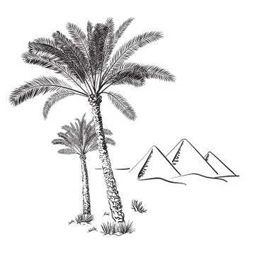 Palm trees and Egypt pyramids in the desert. Hand drawn vector illustration Illustrazione stock